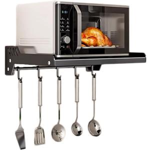 Wall Mount Microwave Oven Shelf, Kitchen Organizer Storage Holder with Hook Rail and 6 Slidable Hooks, for Small Kitchen Bathroom Microwave Oven Storage (Single Layer with Hook, Black)