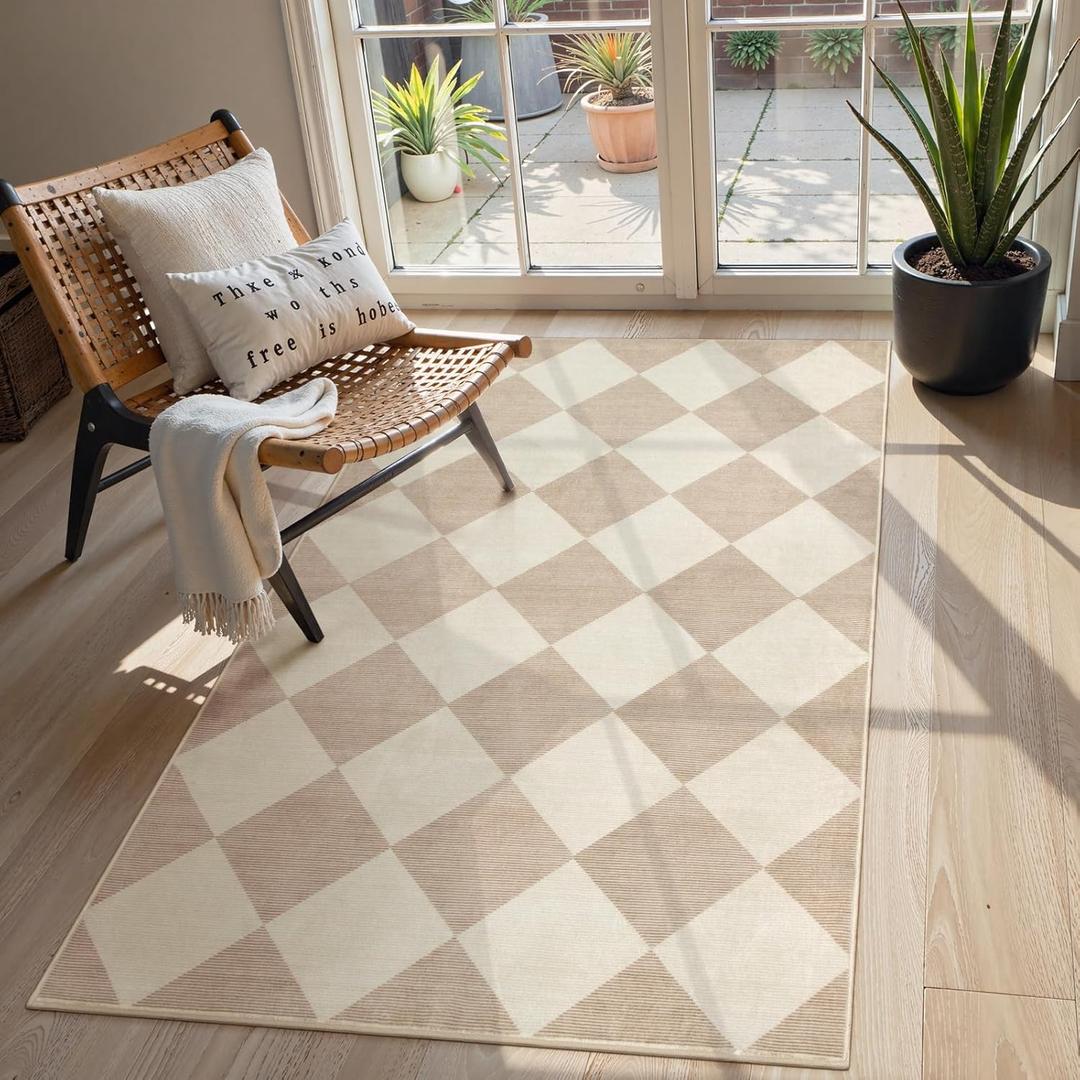 Beeiva Checkered Print 3x5 Washable Area Rug for Bedroom, Non Slip Ultra Thin Beige Entryway Rug Non Shedding Kitchen Rug 3x5, Modern Checkerboard Carpet Plaid Decor for Bathroom Office Nursery