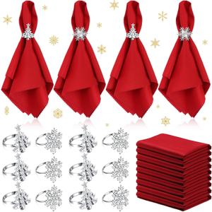 Sliner 24 Pcs Christmas Napkins and Ring Set 12 Pcs Red Washable Christmas Napkins Cloth and 12 Pcs Xmas Napkin Rings Holder for Holiday Dinner Party(Metal,Snowflake, Christmas tree)