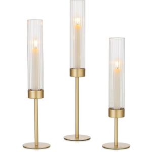 Hewory Gold Hurricane Candle Holders: Brass Candlestick Holders Set of 3 Tall Taper Candle Holders for Candlesticks Candle Sticks Holder Decor for Table Centerpiece Wedding Party Christmas Decorations