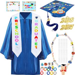 Preschool Graduation Cap and Gown with Tassel Stole Mini Graduation Bear 2 Certificate 8 Cards 4 Candy Lei (Blue, S)