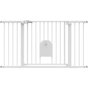 Babelio 36-56" Extra Wide Auto Close Baby Gate with Cat Door, Pet Gate Indoor with Extra Wide Walk Thru Door, Metal Dog Gate for Doorway, Stairs, Includes 4 Wall Cups and 3 Extension Pieces, White