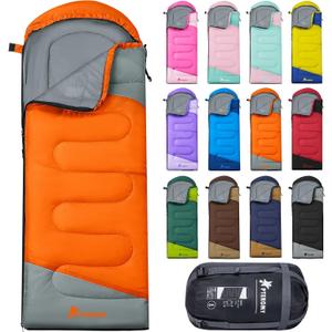 PTEROMY Sleeping Bags for Adults, Lightweight and Machine Washable, Water Resistant Backpacking Camping Sleeping Bag for Warm Cold Weather, Camping Essentials for Hiking Travel (50F~80F / 3 Season, Orange)