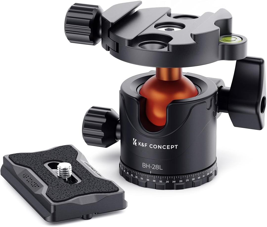 K&F Concept Professional 28mm Metal Tripod Ball Head 360 Degree Rotating Panoramic with 1/4 inch Quick Release Plate Bubble Level for Tripod Monopod Slider Camera Camcorder up to 22 pounds