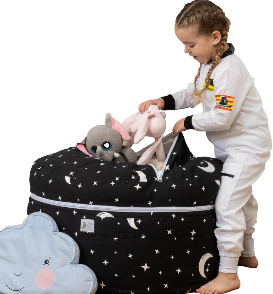 Stuffed Animal Storage Bean Bag Chair | 2 Sizes in 1 | 100% Cotton Washable Kids Plush Toys Organizer | XL to XXL Expandable Premium Soft Toys Pouf Starry Night