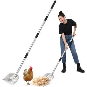 Chicken Poop Scooper: 2-in-1 Rake & Sifter - Silver Chicken Poop Shovel for Sand with Adjustable Stainless Steel Handle (35-59") for Small Spaces