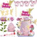 UFROMSKY 32PCS Fairy Cake Topper Decorations Glitter Fairy Happy Birthday Cake Decor Pink Butterfly Flowers Fairy Door Mushroom House Cake Pick for Fairy Birthday Party Fairy Garden Theme Baby Shower