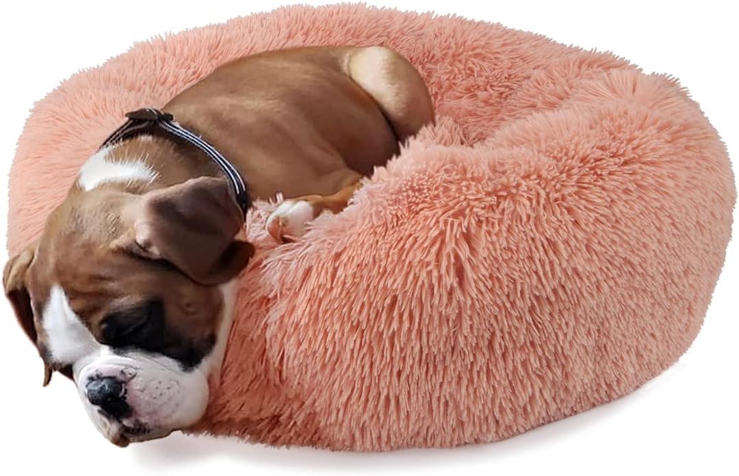 Calming Donut Dogs Beds for Small Dogs Washable,19inch Fluffy Round Puppy Bed for Puppies,Cats & Toy Breeds with Raised Rim,Fits up to 15 lbs Pets,Pink
