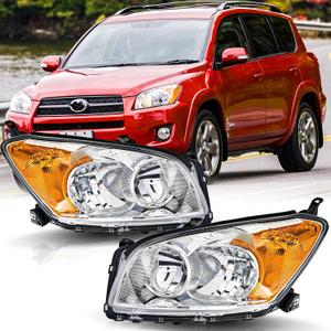 Headlights Assembly Pair for 2009 2010 2011 2012 Toyota RAV4 Halogen Headlamps Head Lights Replacement Driver and Passenger Side (Left+Right),Chrome Housing Amber Reflector
