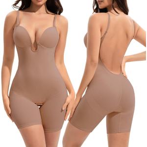 Slimers Backless Shapewear Tummy Control: Low Back Plunge Shapewear Bodysuit - Slimming Built-In Bra Full Body shaper Woman (Large, Skin-pink)