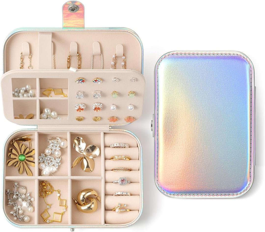 LAMU Travel Jewelry Box, Portable Jewelry Organizers and Stroage, Glowing Rainbow Small Jewelry Case for Earrings Rings Necklaces, Travel Jewelry Case for Girl as Wedding, Valentines Day Gifts, Silver