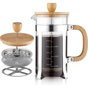 Sivaphe 34 oz French Press Coffee/Tea Maker with Bamboo Lid and Hand Stainless Steel High Borosilicate Glass 1000ml Coffee Brewer Set