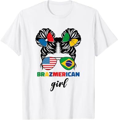 Half American and Brazilian America Brazil Flag Girl Kids TShirt