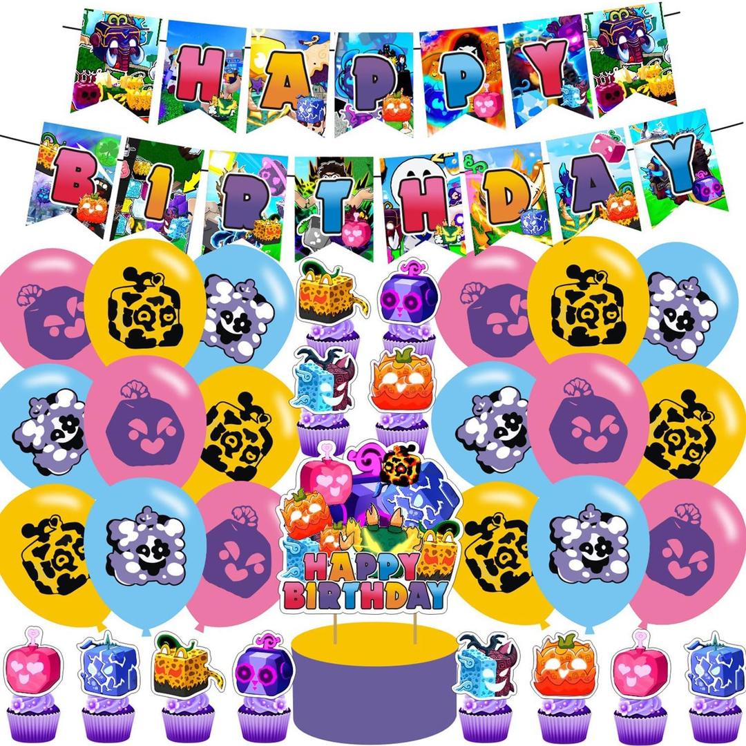 Blox Fruits Party Supplies,Blox Fruits Game Party Decorations Includes Banner, Cake Toppers, Balloon for Blox Game Party Decorations