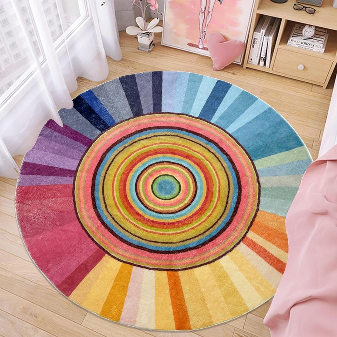 Kids Rug Circle Sun Rug 4Ft Round Modern Abstract Girls Bedroom Carpet Round Rainbow Nursery Mat Playroom Bedside Area Rug for Children Cartoon Crawling Mat for Home Decor