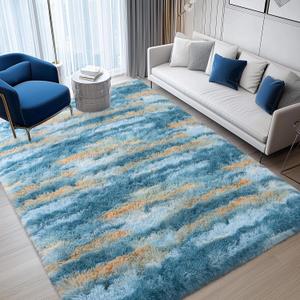 WISH TREE Blue Rugs for Bedroom, 4x6 Fluffy Fuzzy Modern Indoor Floor Rugs for Living Room, Soft Non-Slip Plush Shag Rug for Dorm Kids Room Home Decor, Blue Abstract