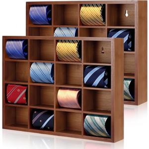 Wesiti Tie Box Organizer Wall Mounted Tie Rack with 16 Compartments Bamboo Belt Holder for Men Scarf Necktie Home Wall Closet(Dark Brown Color,2 Piece)