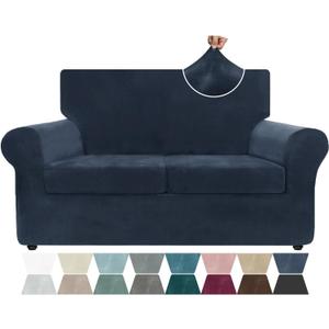 ZNSAYOTX Luxury Velvet Sofa Cover 3 Piece (57"-70") Stretch Loveseat Covers for 2 Cushion Couch Thick Soft Couch Slipcover with Non Slip Strap, Dog Pet Friendly Nice Furniture Protector (Navy Blue)