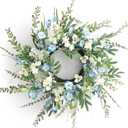 Spring Wreaths for Front Door, 24 Inch Spring Door Wreath with Blue White Wildflower, Spring Wreath for Farmhouse Outdoor Porch Home Wall