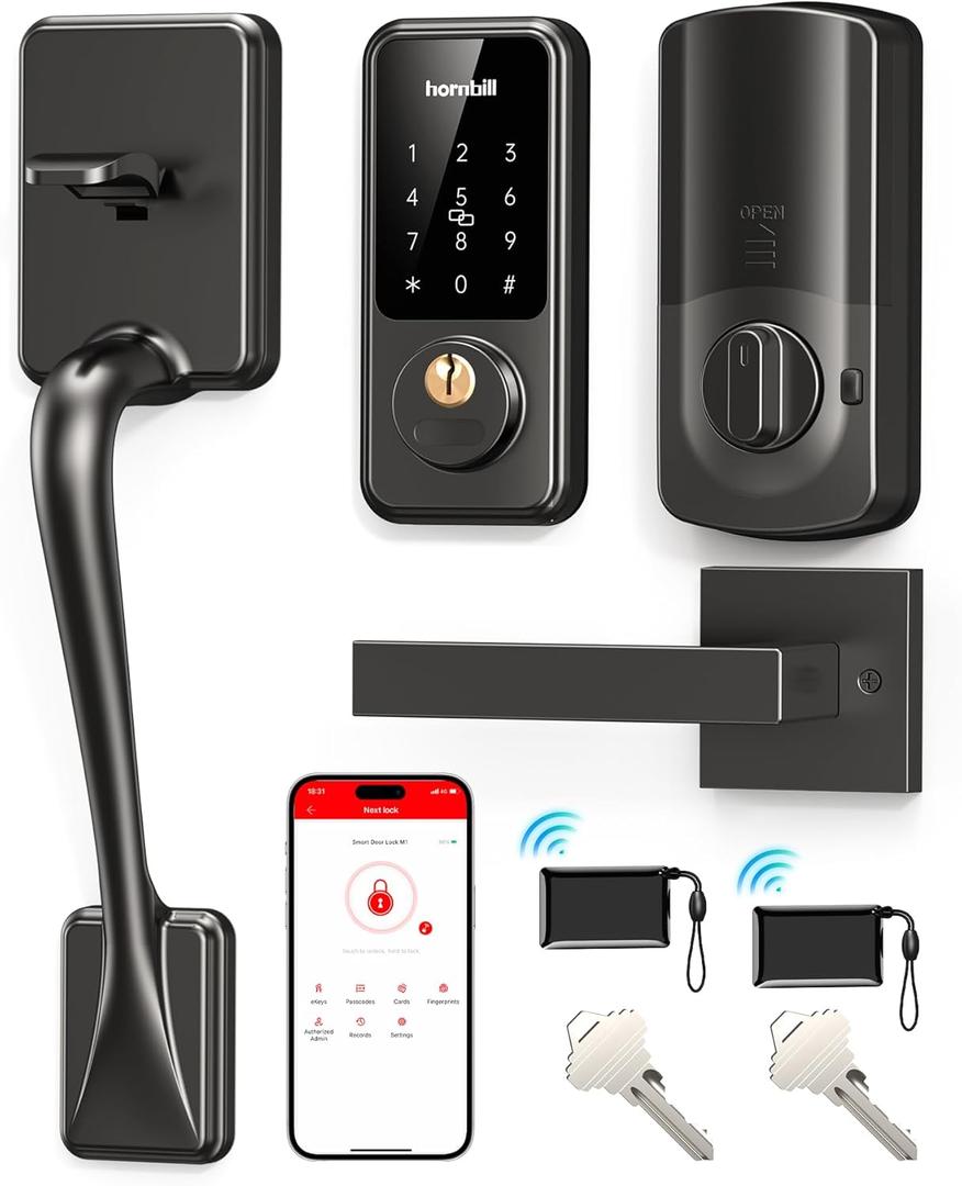 Smart Front Door Lock Set: Hornbill Keyless Entry Door Lock Deadbolt with Handle, Digital Keypad Smart Home System, Auto-Lock, Easy Install, Matte Black