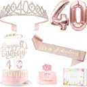 40th Birthday Gifts Decorations for Women, Including 40th Happy Birthday Cake Toppers, Birthday Queen Sash with Pearl Pin, Sweet Rhinestone Tiara Crown, Number Candles and Balloons Set