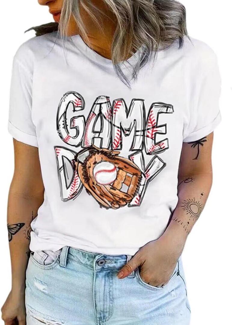 Baseball Game Day T Shirt for Women Retro Letter Printed Tee Baseball Mom Pattern Game Day Gifts Funny Short Sleeve Top（XX-Large, White)
