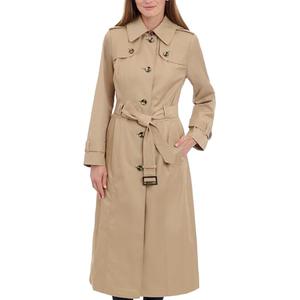 London Fog Women's Single Breasted Long Trench Coat with Epaulettes and Belt, BR Khaki, Large
