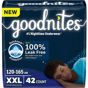 Goodnites Boys' Nighttime Underwear, Size XXL (120-165 lbs), 42 Ct (2 Packs of 21, Packaging May Vary Goodnites Boys' Nighttime Underwear, Size XXL (120-165 lbs), 42 Ct (2 Packs of 21, Packaging May Vary
