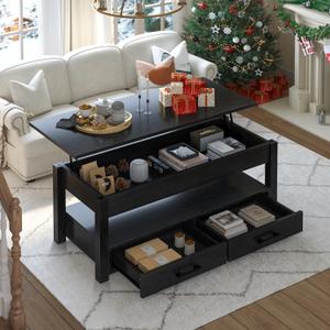 FABATO 41.7'' Lift Top Coffee Table with 2 Storage Drawer Hidden Compartment Open Storage Shelf for Living Room Folding Wood End Table, Black
