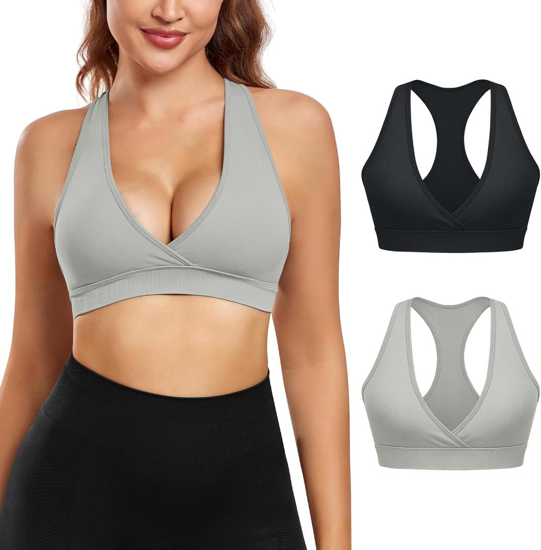 VEQKING Racerback Sports Bra for Women Crossover Deep V-Neck Light Support Bralette, A-C Cup, Pack of 2 (Medium)