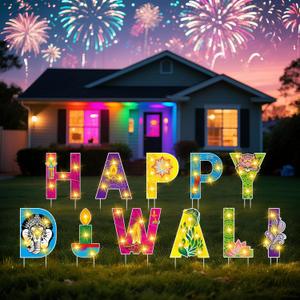 11 Pcs Happy Diwali Yard Stake Sign with LED String Lights Diwali Outdoor Decorations Festival of Indian Lights Party Stakes for Yard Lawn Decor Garden Pathway Decor Photo Booth Props
