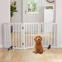 Bamboo Freestanding Dog Gates for Doorways,3-Panel Indoor Puppy Gates for the House with 2 Metal Stands,24"H Folding Pet Gate for Stairs Expands Up to 55"W Fully Assembled Stair Gate White