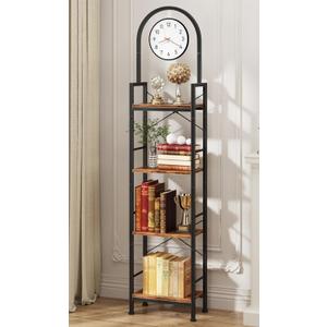 HIGDBFE Bookshelf, 4 Tier Arched Bookshelf with Built-in Clock, 68.2" Tall Narrow Bookcase, Modern Standing Book Shelf for Living Room, Bedroom, Home Office, Rustic Brown