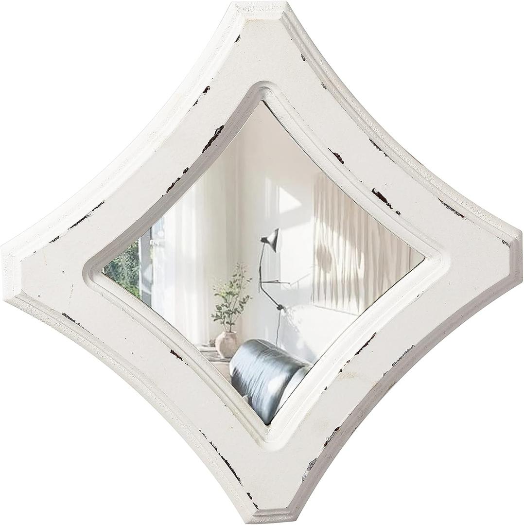 Farmhouse Small Decorative Mirrors for Wall Decor Living Room 7.9 inch, Hanging Distressed White Vintage Wood Frame Bedroom Mirror, Rustic Rhombus Wall Mounted Mirror for Home Decor