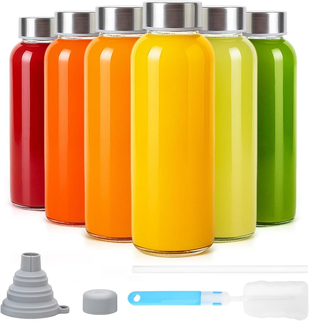 Sursip 10 oz Glass Juice Bottles, 6 Pack with Stainless Steel Lids Reusable Small Glass Bottles for Smoothies, Iced Tea & Milk Leak-Proof, BPA-Free, Dishwasher Safe