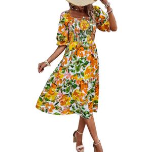 PRETTYGARDEN Women's Summer Casual Dresses 2026 Spring Puff Sleeve Square Neck A Line Flowy Boho Floral Smocked Midi Dress (L)