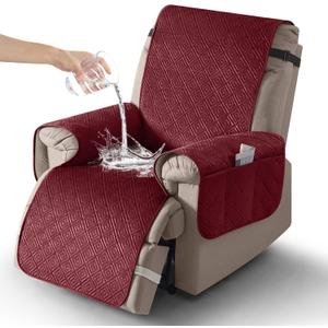 Timeles Velvet Recliner Chair Cover, 100% Waterproof Recliner Covers That Stay in Place with Pocket for Pets & Dogs (Oversized: 30", Burgundy)