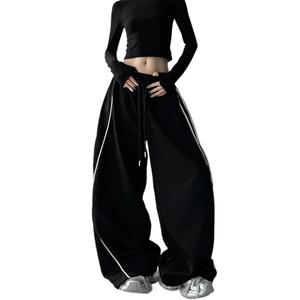 Y2K Sweatpants Women Harajuku Streetwear Wide Leg Baggy Pants Fall Vintage Athletic Joggers Drawstring Trousers Black, M