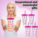 12 Pcs 24 oz Pink Disposable Pet Drinking Cups with Lid Pink Awareness Ribbon Disposable Straw for Christmas Dinner Anniversary Party Supplies Stuffers Gifts