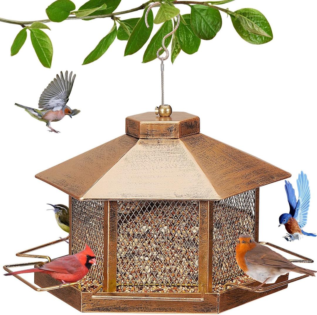 Metal Bird Feeder for Outdoor Hanging, 7.4LB Large Capacity, Garden Decoration - Attracts Wild Birds, Durable Outdoor Bird Feeding Station for Garden Yard Outside Backyard (Extra Large, Gold)