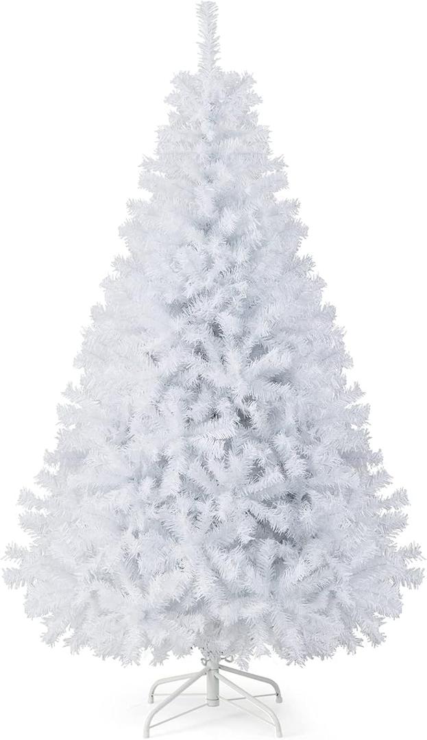 White Artificial Christmas Tree, 6ft Premium Unlit Hinged Spruce Full Tree, with 1000 Branch Tips and Metal Stand, Easy Assembly, for Indoor and Outdoor Use