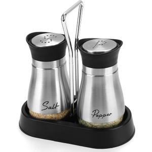 Accmor Salt and Pepper Shakers Set with Holder, 4 oz Stainless Steel Salt Pepper Shaker Containers with Glass Bottom for Kitchen Cooking, BBQ, Bar, Table, RV, Camp