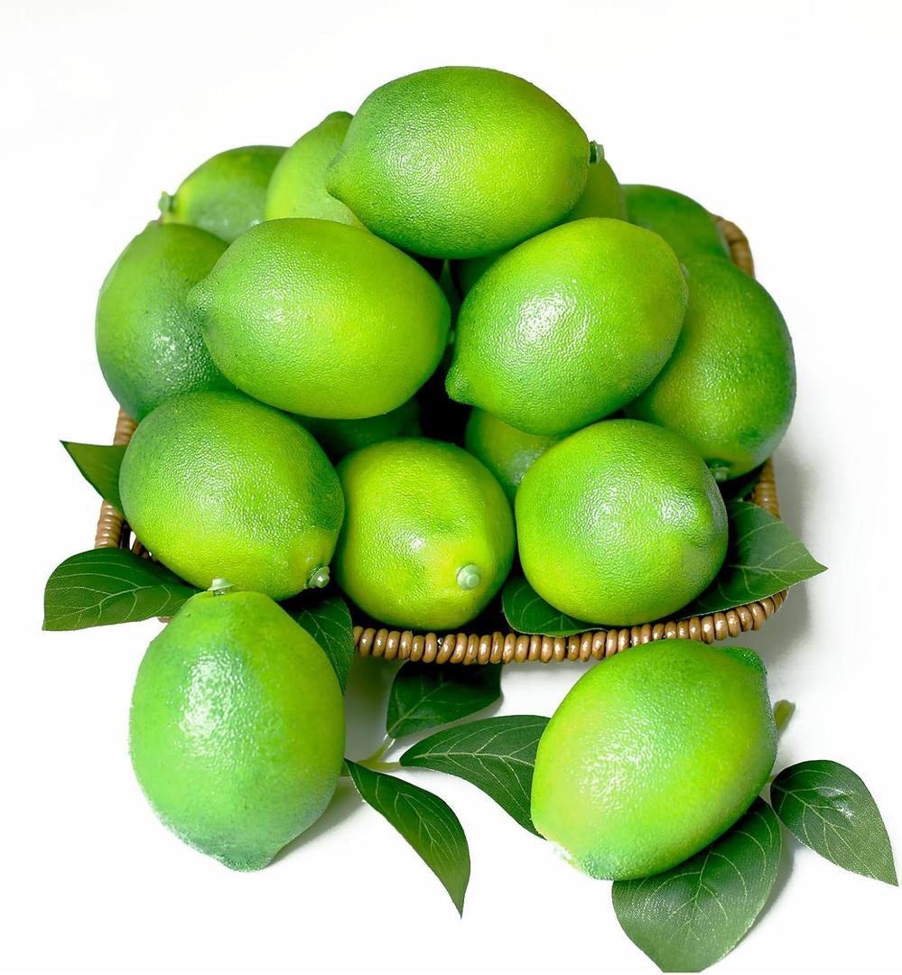 Fake Limes Artificial Lemons with Leaves Fake Fruit Lemon Decorations for Kitchen Fake Green Lemons Decorative Fruit Simulation Lifelike Faux Limes for Party Bowl Home Photography Props 12Pcs(Green)