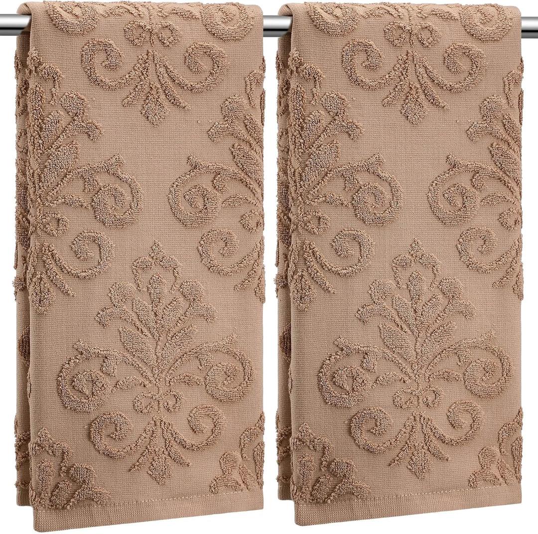 2 Pcs Floral Jacquard Hand Towels for Bathroom Brown Hand Towels 100% Cotton Absorbent Decorative Weave Bath Decor Neutral Bathroom Decor Gift, 13.7 x 29.5 Inch