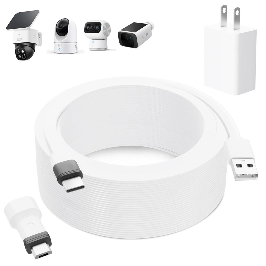 25ft Power Extension Cable with Adapter for eufy SoloCam S340/S220, E30, C210, for eufy Cam S350, E220, Weatherproof Charging Cord for eufyCam 3C/S300, 3/S330, Built-in Short-Circuit Protect Adapter