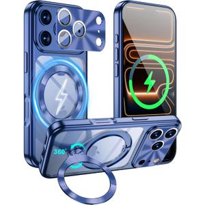 Compatible with iPhone 17 pro max Case with CD Metal Ring Stand CD Full Camera Protection Electroplated Magnetic Cover Shockproof Military Drop Protection for Woman Men Blue