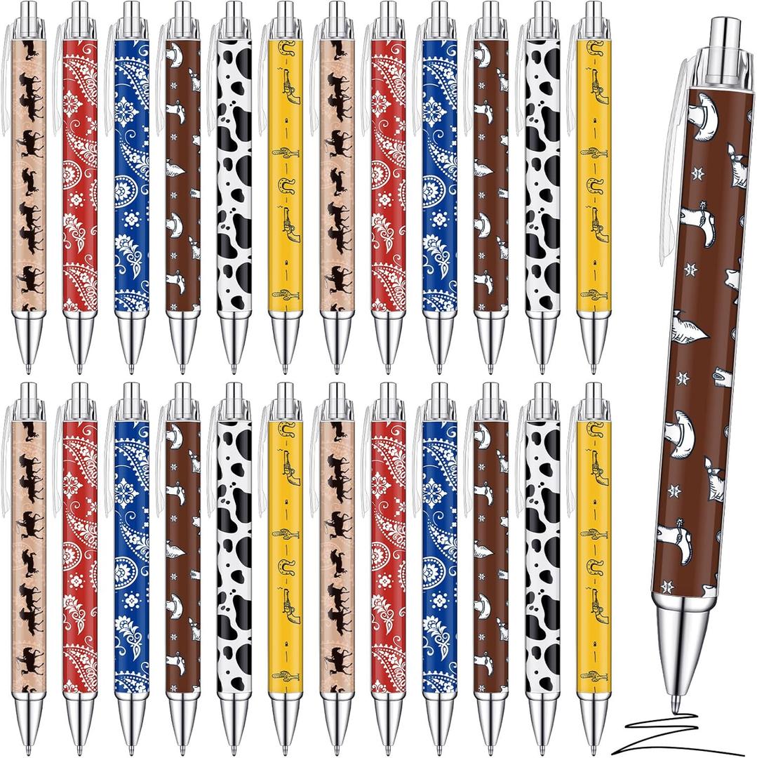 Colarr 24 Pcs Western Theme Pens Bulk Print Western Cowboy Party Favors Black Retractable Gel Ballpoint Pens School Office Supplies for Birthday Graduation Gifts (Classic Style)