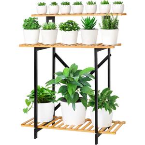 Bamboo Plant Stand Shelf Indoor Outdoor, 3 Tiered Wooden Flower Stands Stair Ladder Shelves for Tall Large Big Plants Small Succulent Holder Rack in Balcony Patio Garden Corner,Standing,Rectangular
