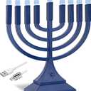 Zion Judaica 9" LED Hanukkah Menorah Blue Powered by Batteries or Included 3' USB C Cable Flameless Chanukkah Candles Holder LED Electric Minorah Bulbs Chanukah Decoration Lights Hanukkiah