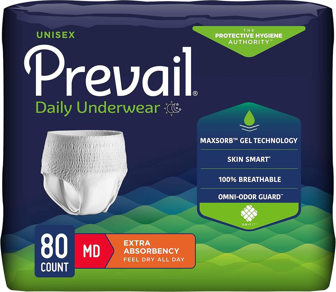 Prevail Daily Protective Underwear - Unisex Adult Incontinence Underwear - Disposable Adult Diaper for Men & Women - Maximum Absorbency - Medium - 80 Count (Pack of 4)